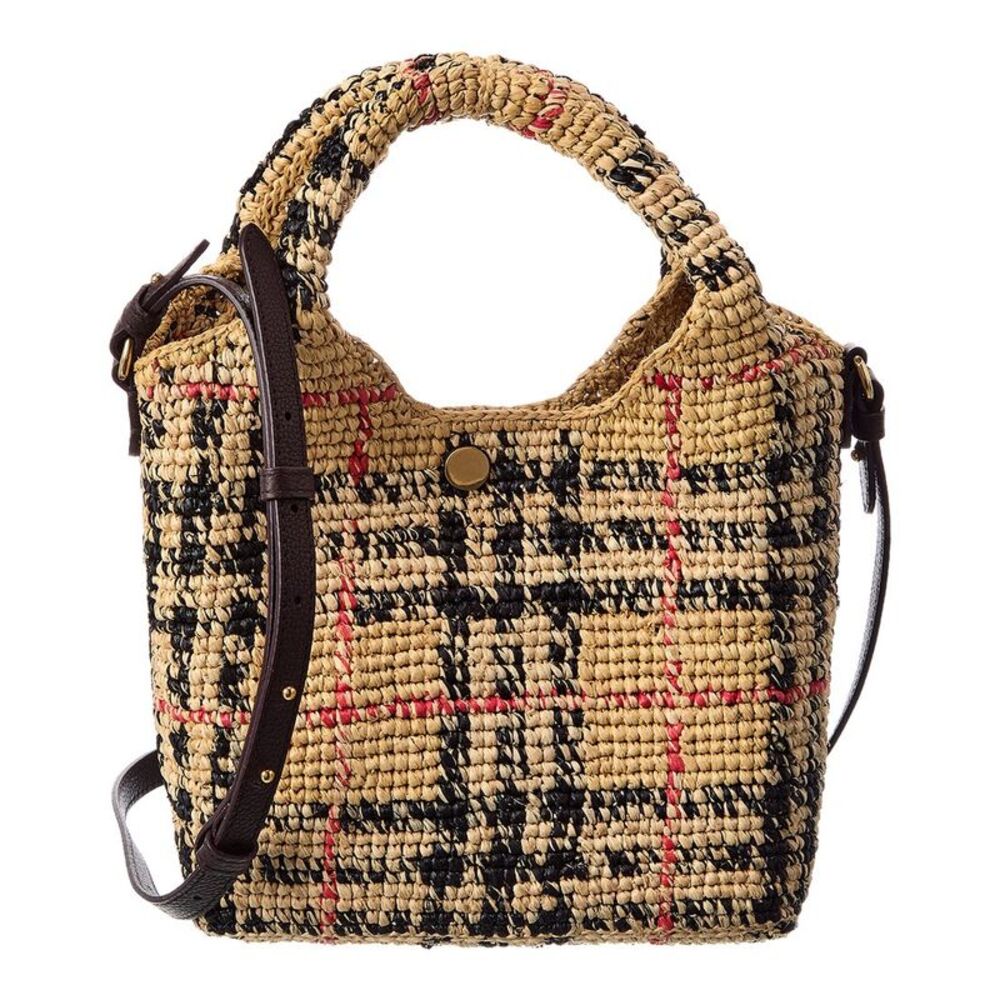Burberry Margate Mini Check Raffia & Leather Tote, Brown